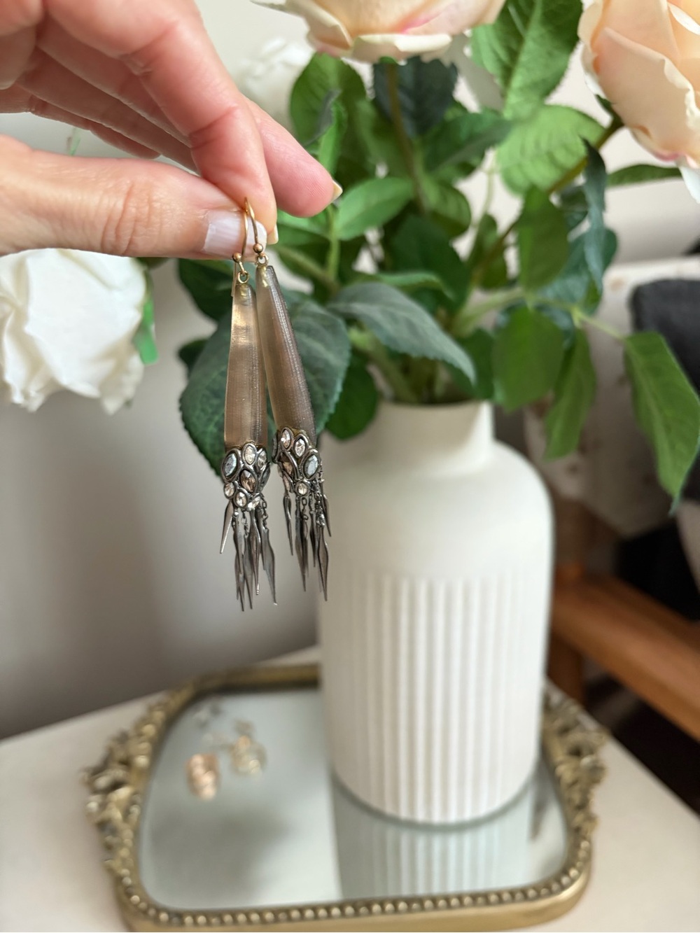 Alexis Bittar lucite, crystal, and metal fringe drop earrings